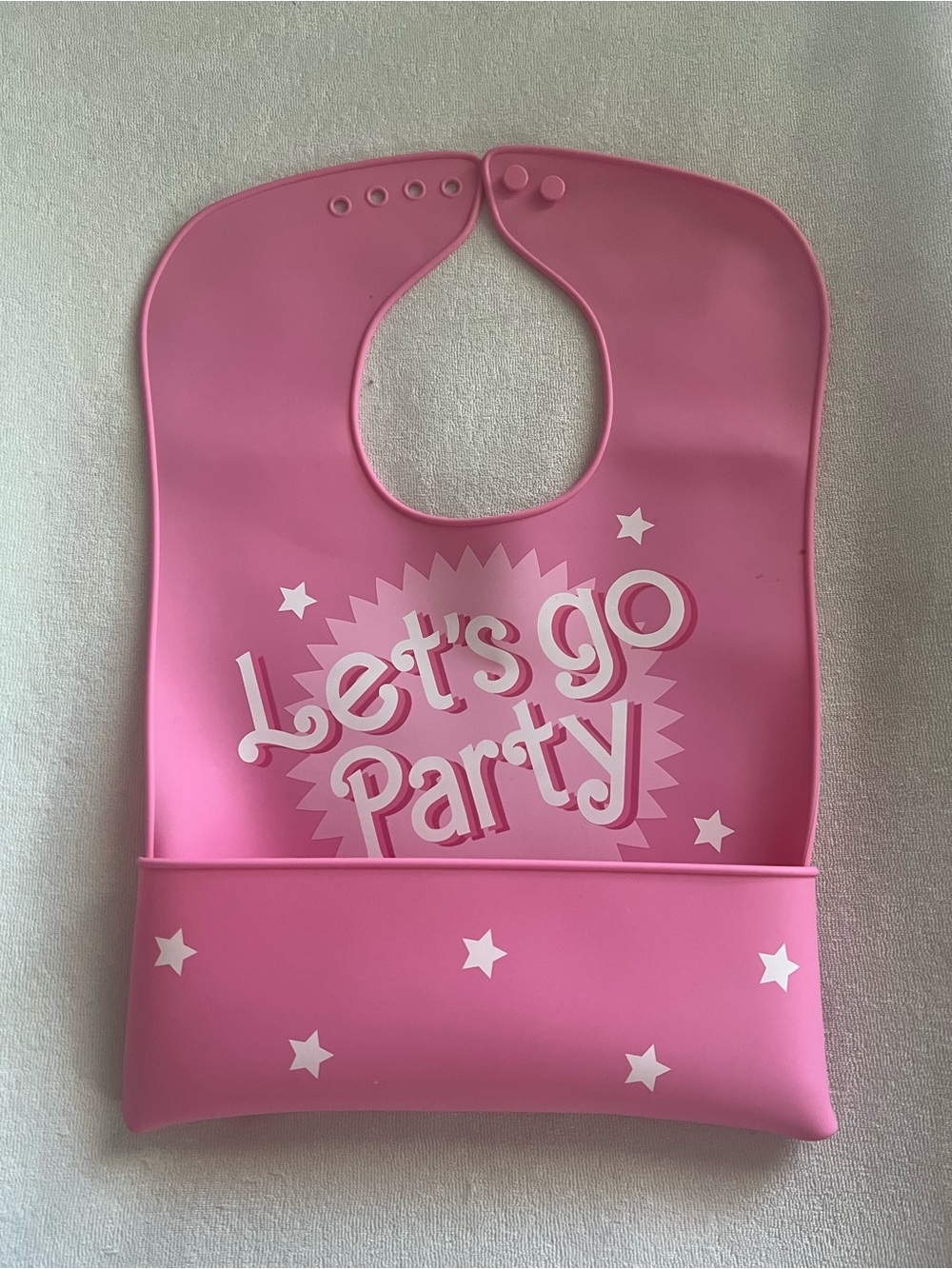 Pink "Let's Go Party" Silicone Baby Bib with Crumb Catcher